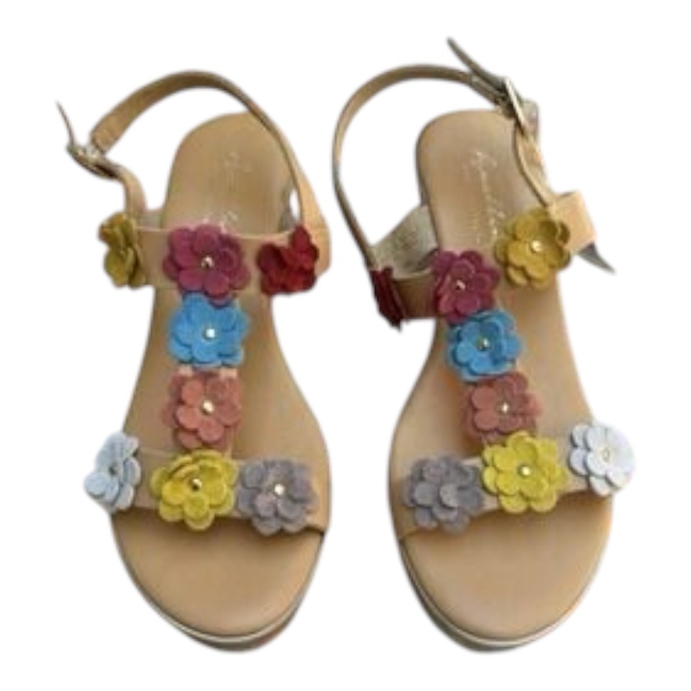 Avellini‎ Womens Tan Leather Wedge Sandals Flower Embellishment Size 9 B20